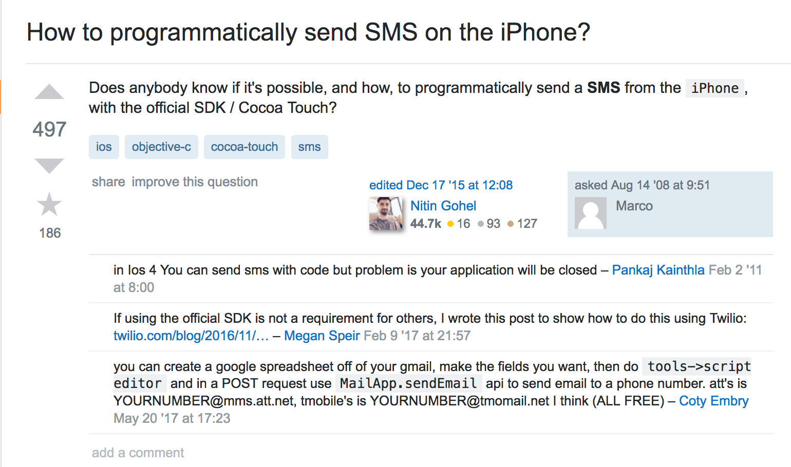 Stack Overflow question on how to send an SMS from an iPhone
